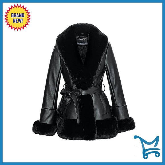 Jackets & Blazers - Faux Leather Jacket with Faux Fur Collar, Peplum Parka Coat with Belt, Winter